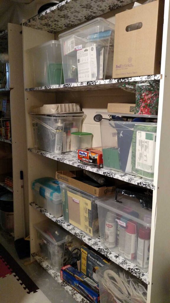 Basement Shelves http://www.b4andafters.com storage shelves with contact paper