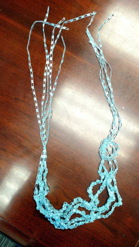 Crocheted Necklace https://www.b4andafters.com aqua ladder ribbon yarn