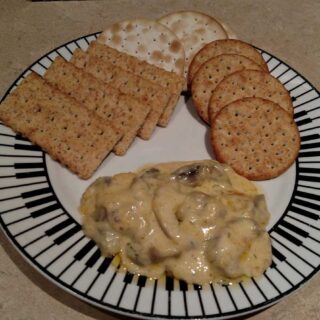 mushroom cheese dip with 3 different kinds of crackers