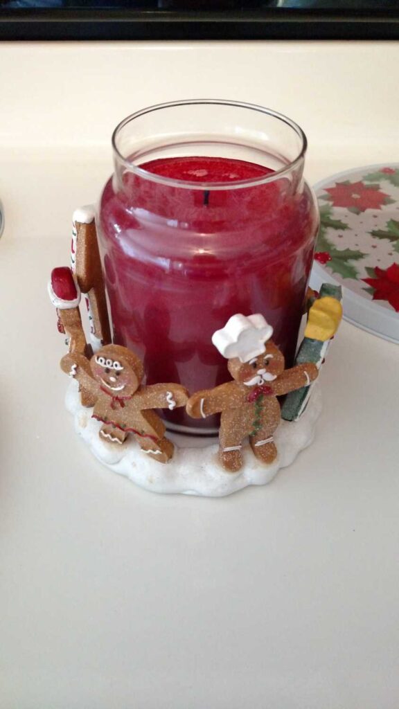 Christmas Stove Burner Covers https://www.b4andafters.com another side view of large gingerbread candle holder