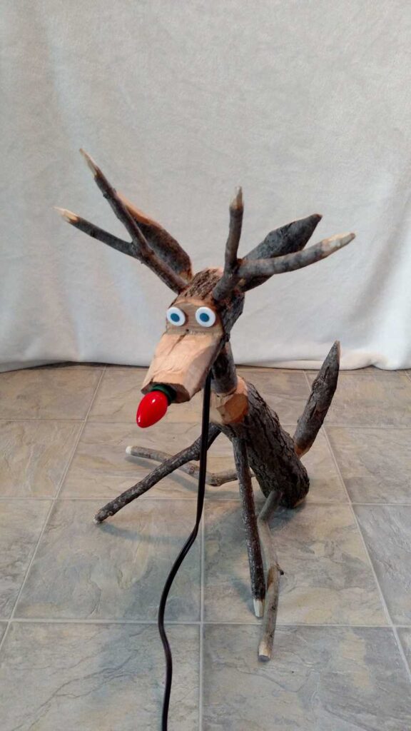 Hand Crafted Rudolph Reindeer https://www.b4andafters.com front view of assembled handmade wooden reindeer