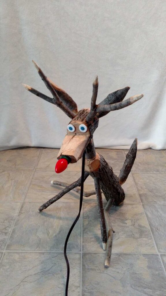 front view of assembled handmade wooden reindeer