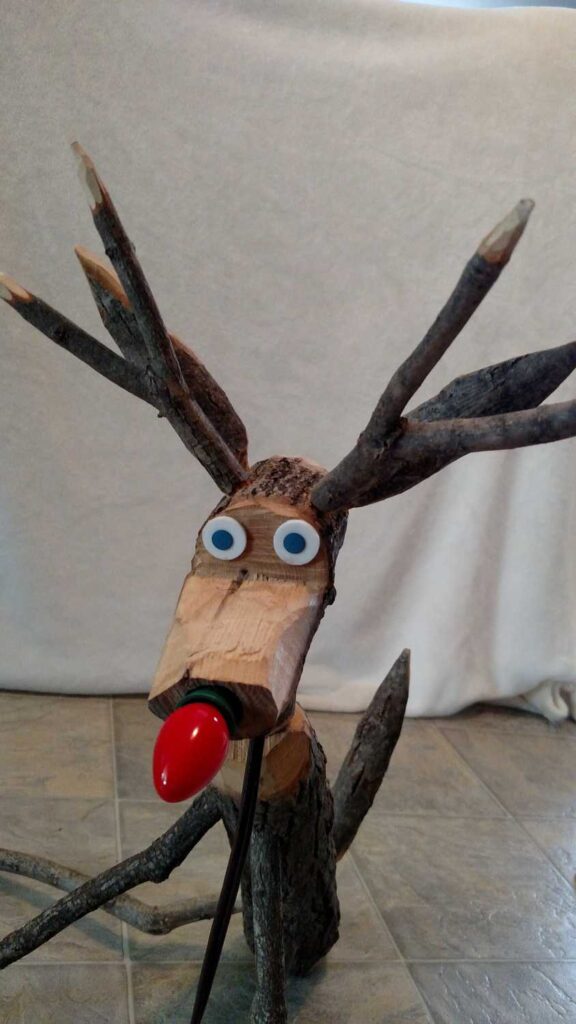 Hand Crafted Rudolph Reindeer https://www.b4andafters.com closeup of head of rustic folk wooden reindeer
