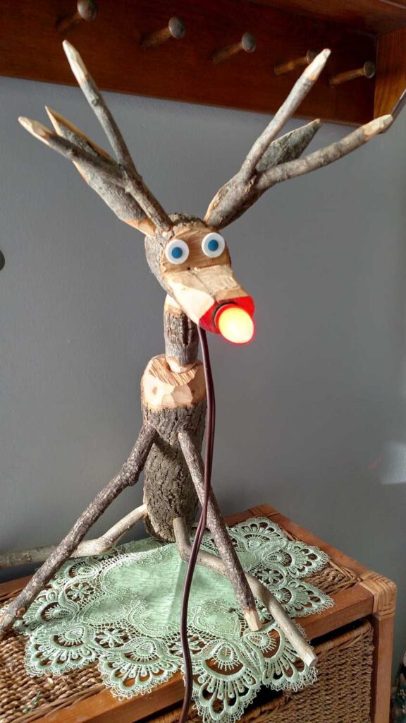 Hand Crafted Rudolph Reindeer https://www.b4andafters.com reindeer with red lightbulb nose lighted up