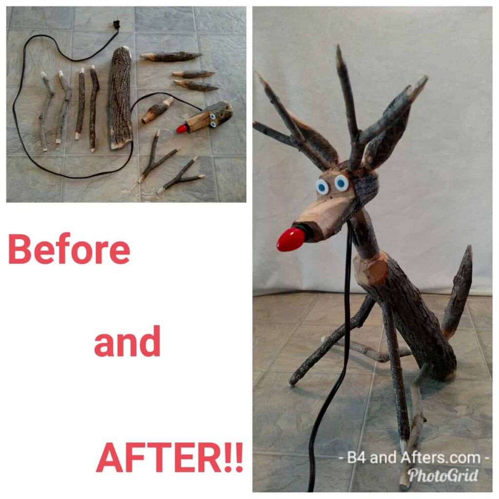 Hand Crafted Rudolph Reindeer https://www.b4andafters.com Before and after collage of handcrafted reindeer