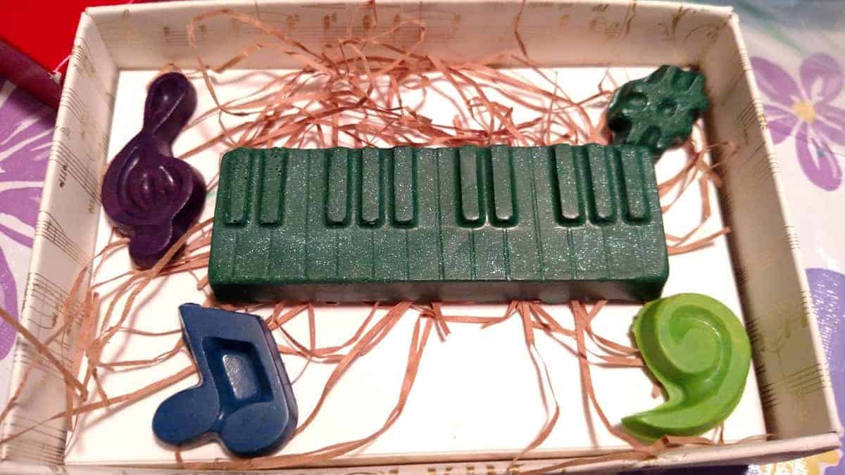 dark green crayon keyboard, purple crayon treble clef, blue crayon music note, light green bass clef, dark green sharp
