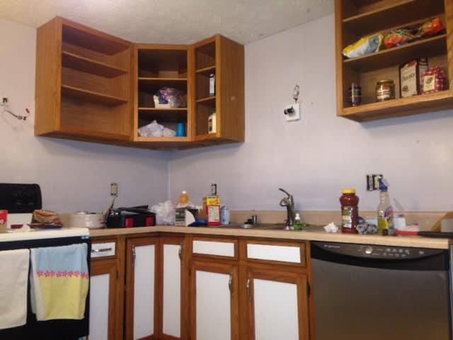 Adding Kitchen Cabinet Open Shelving http://www.b4andafters.com kitchen during remodel