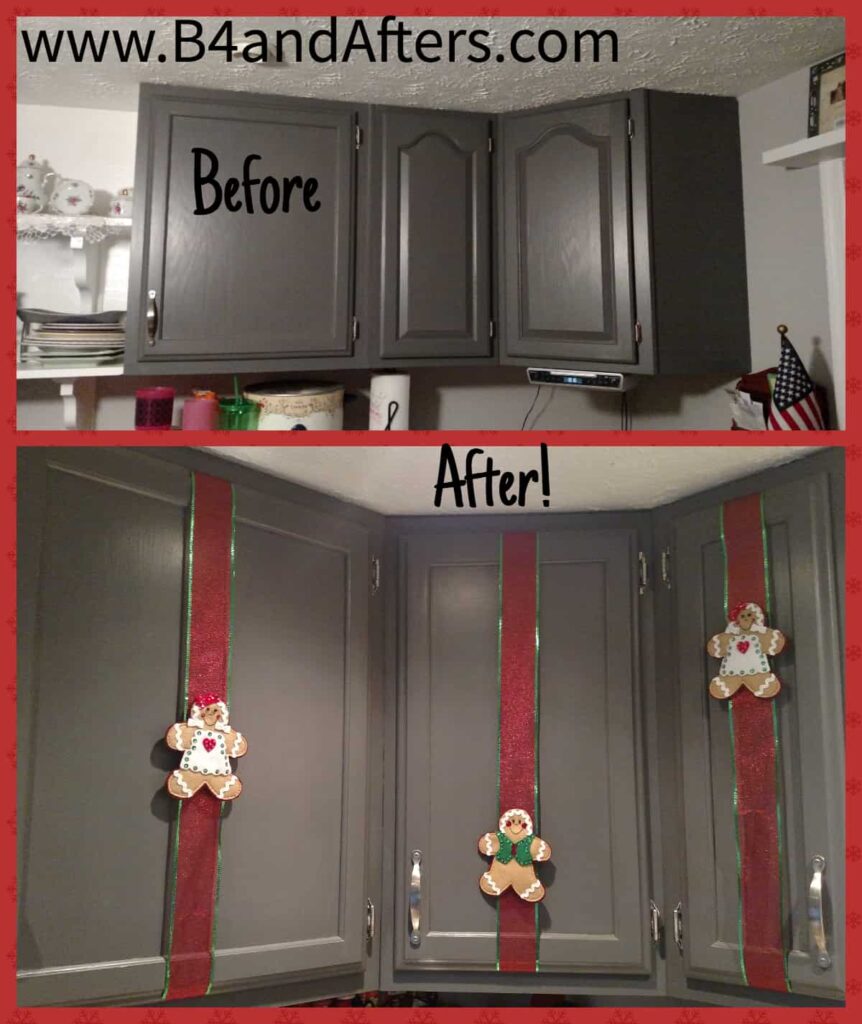 plain cabinets before and after adding felt gingerbread men