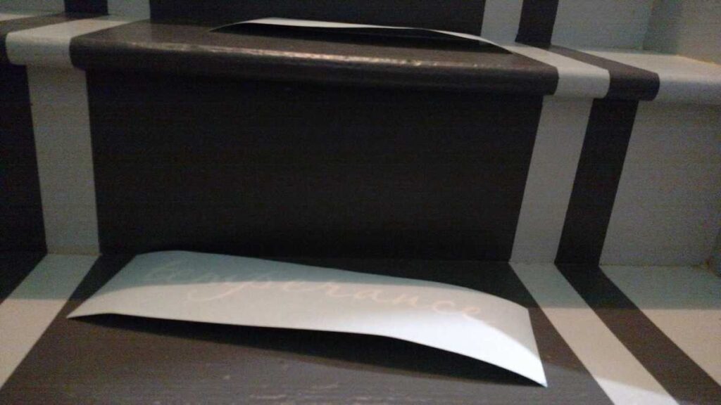 Adding Vinyl Stickers to the Basement Stairs https://www.b4andafters.com Painted stairs