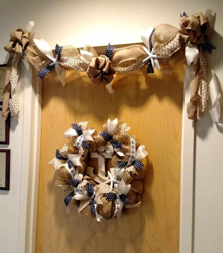 Anchor Burlap Wreath and Swag with Navy Accents https://www.b4andafters.com nautical wreath and swag