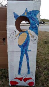 Sonic the Hedgehog photo booth from a cardboard box