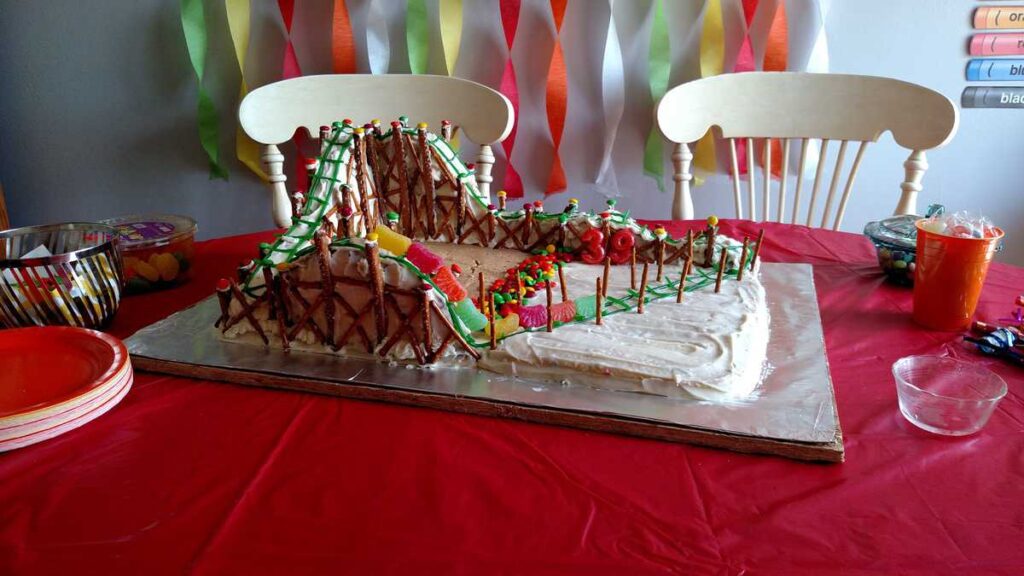 Roller Coaster Cake made with pretzels and gummy candy
