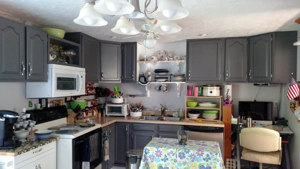 After picture of painted gray cabinets 