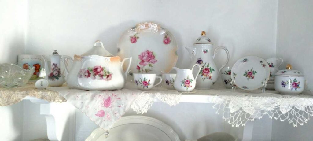 Adding Kitchen Cabinet Open Shelving http://www.b4andafters.com pink flowers on white dishes