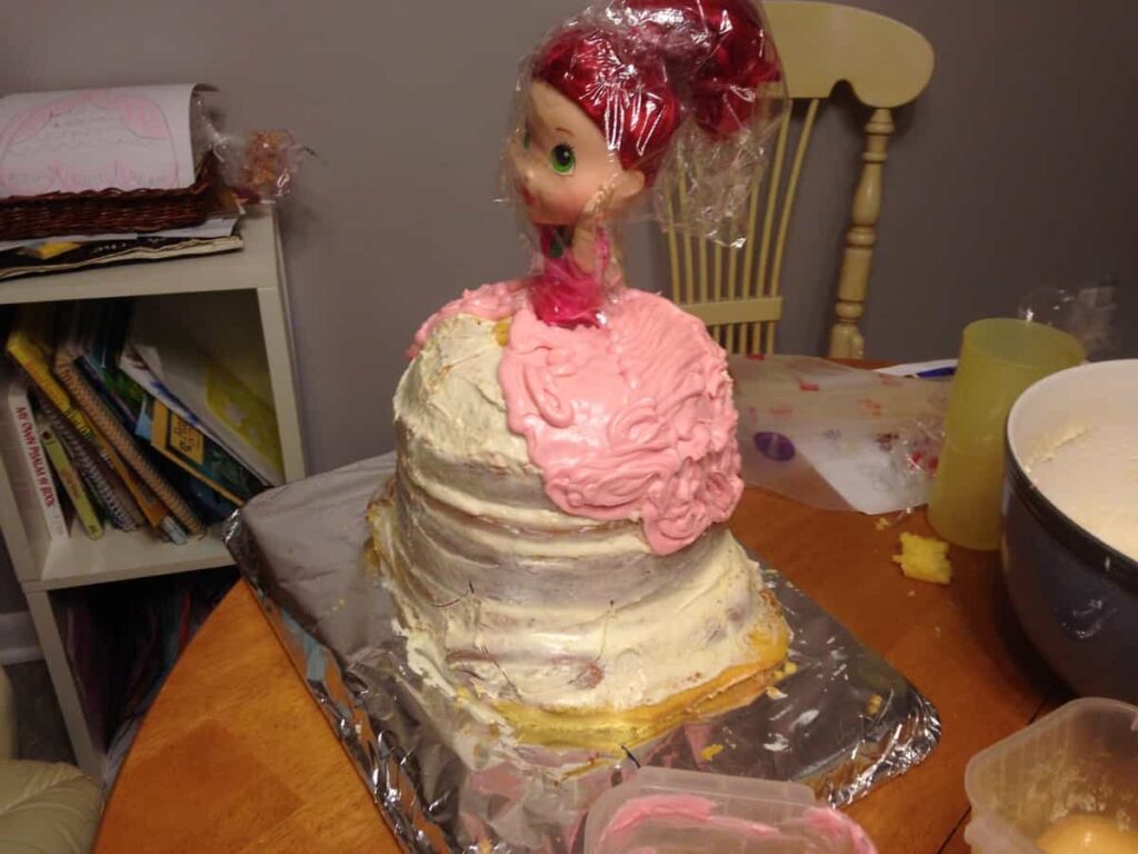 Strawberry Shortcake Doll Princess Cake https://www.b4andafters.com doll cake in progress