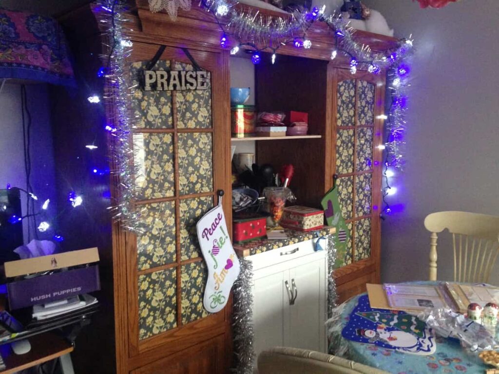 kitchen pantry cabinets decorated for Christmas 