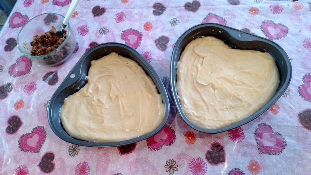 Easy Coffee Cake http://www.b4andafters.com unbaked batter in heart shaped pans