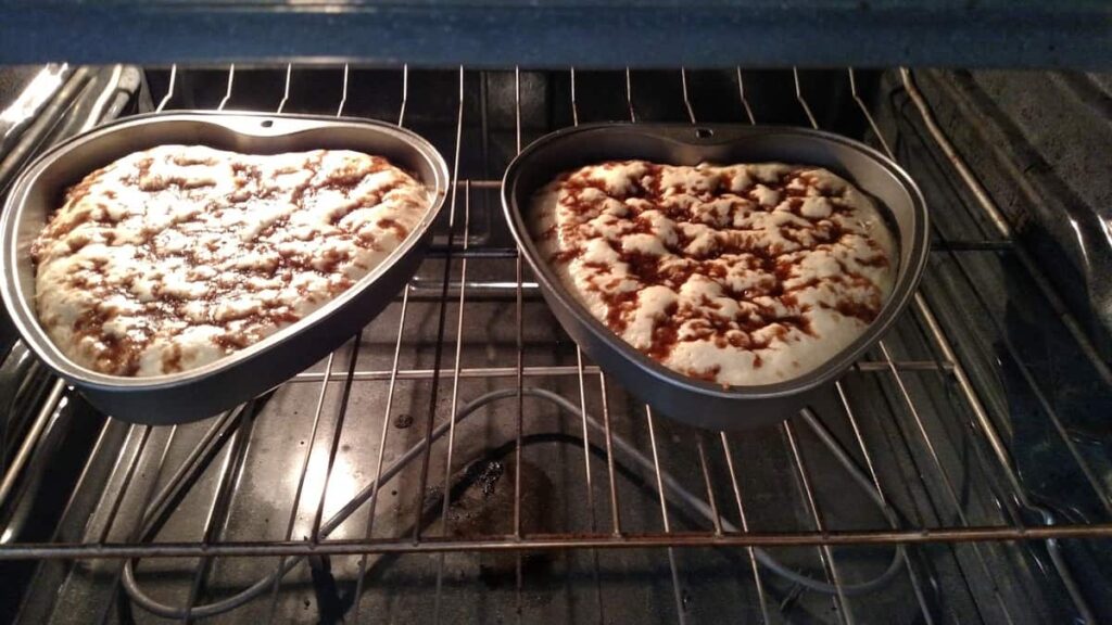 Easy Coffee Cake http://www.b4andafters.com heart shaped pans cooking in the oven