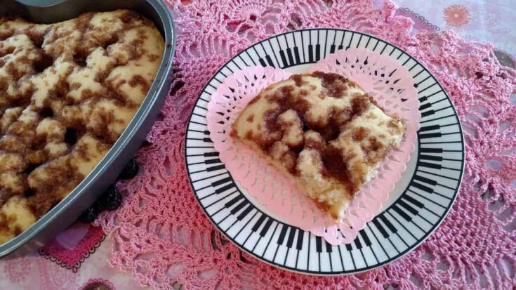 coffee cake with a pink doily background