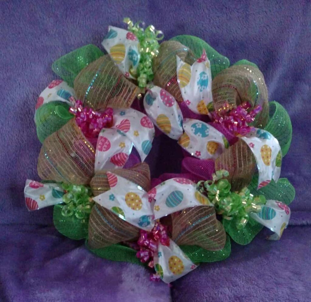 Easter Wreath Made With Dollar Tree Items https://www.b4andafters.com ribbon and deco mesh wreath base
