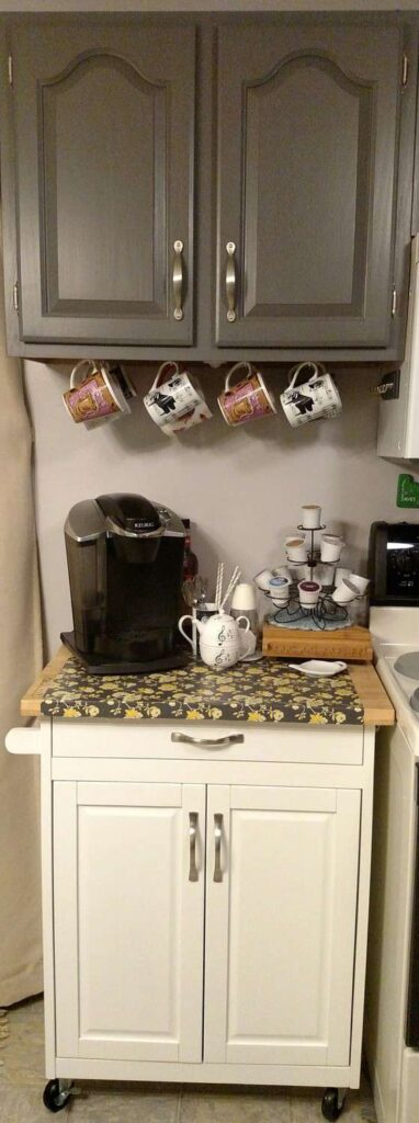 Contact Paper in the Kitchen (5 places) https://www.b4andafters.com kitchen coffee station with floral contact paper