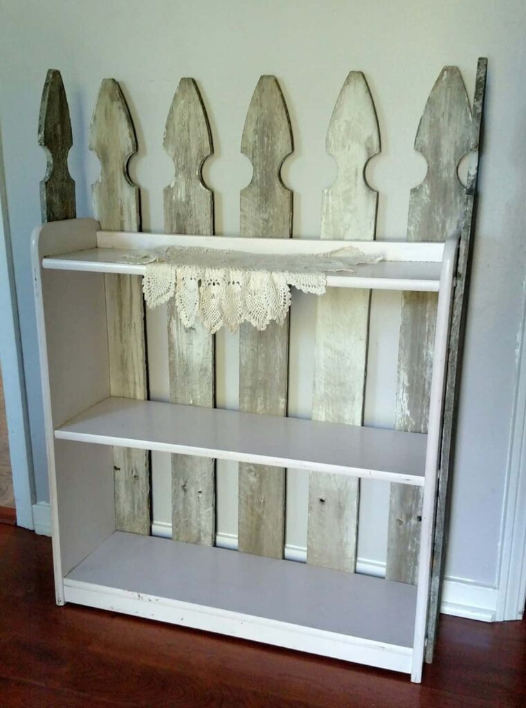 Easy Picket Fence Accent Shelves https://www.b4andafters.com fence pickets on a bookcase