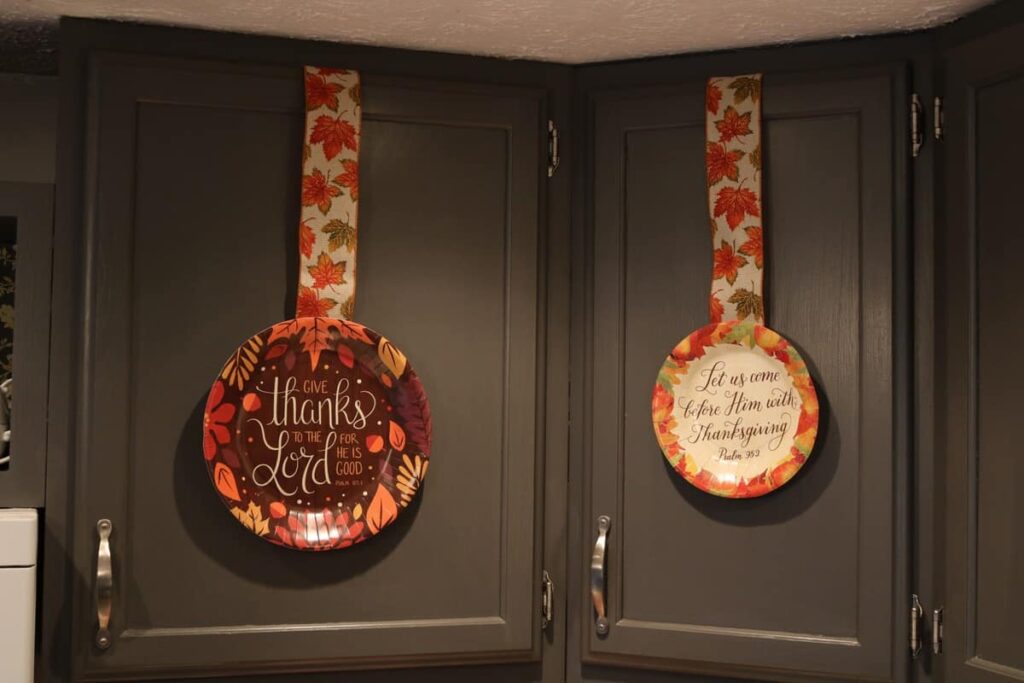 fall paper plates on kitchen cupboards