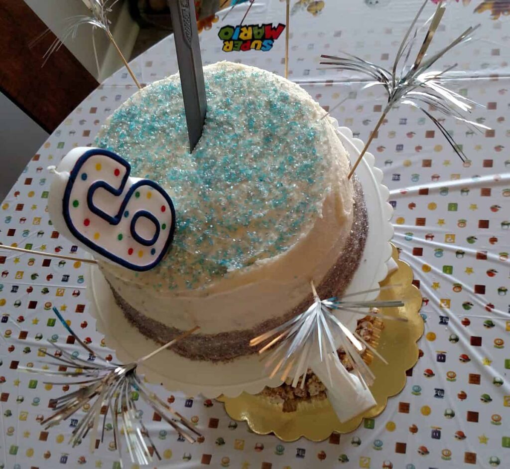 Sword Cake https://www.b4andafters.com top view of birthday cake