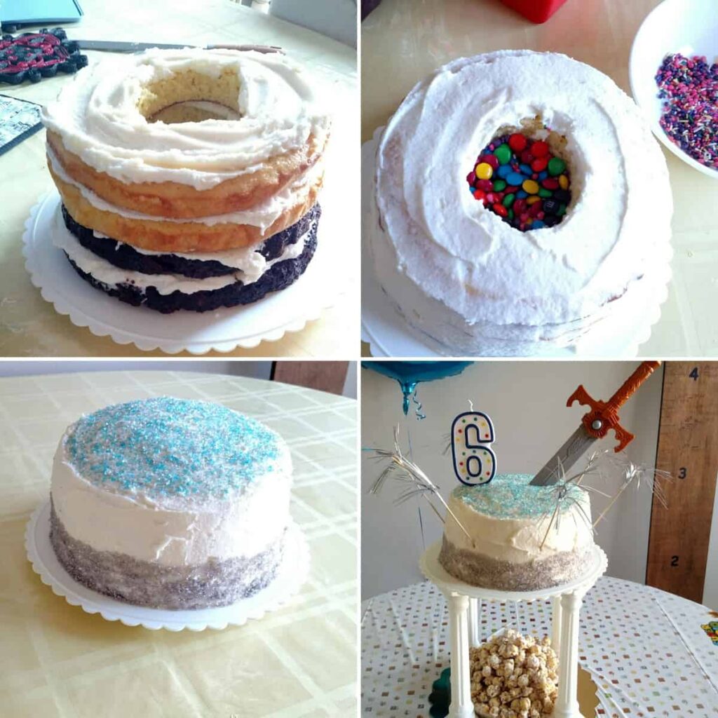 surprise cake with M+Ms inside-- 4 pictures showing progress of making cake. finished cake has a sword in it