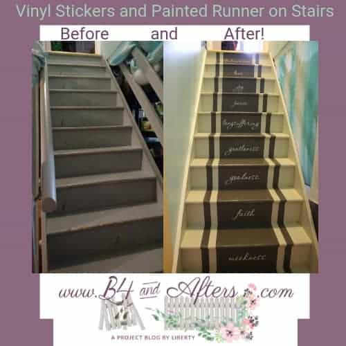 before and after pictures of painted runner on basement stairs