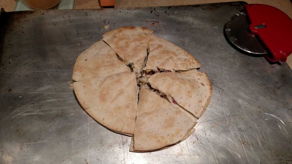 quesadillas sliced with a pizza cutter