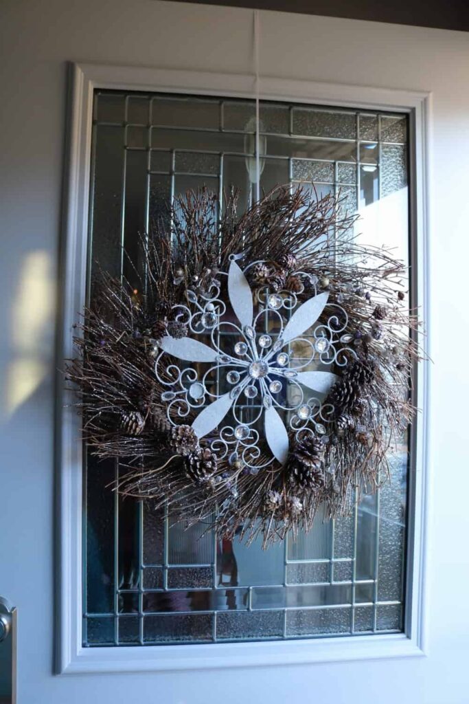 Winter Wreath https://www.b4andafters.com stick wreath with white snowflake
