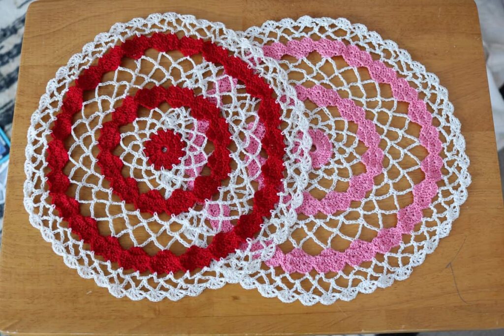 Heart Doily and a Giveaway! https://www.b4andafters.com pink and red heart doilies