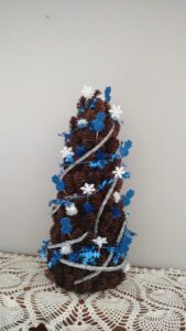 blue and white mini pine cone tree
