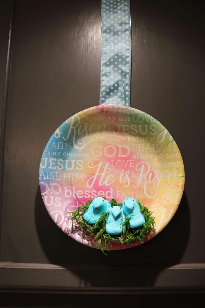 Easy Easter Kitchen Cabinet Decor https://www.b4andafters.com three blue chicks in marshmallow peeps nest