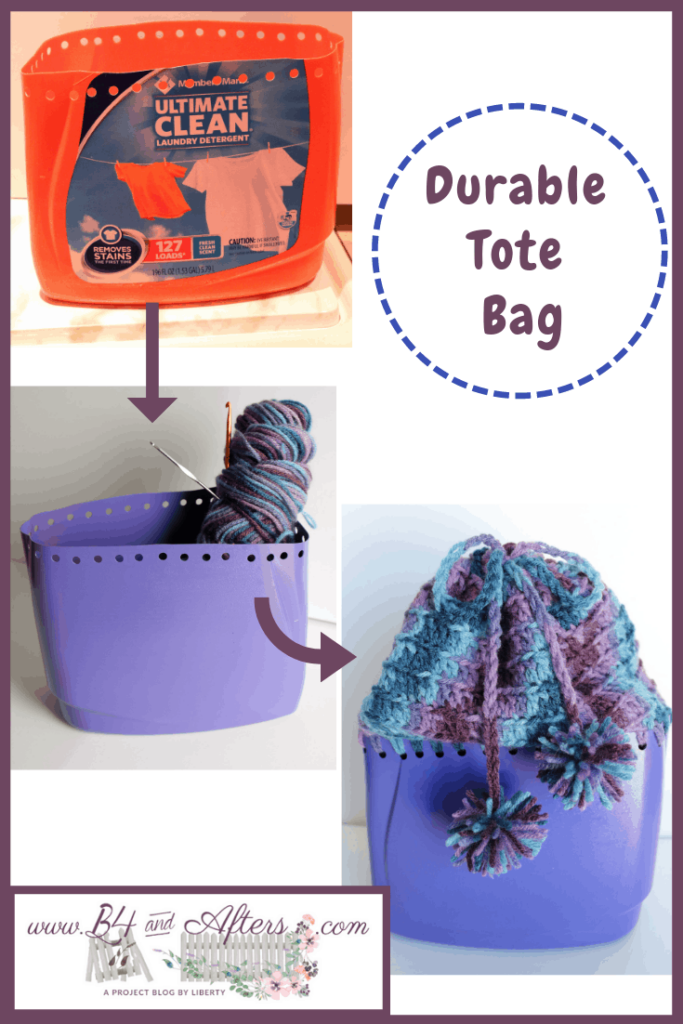 before and after pictures of laundry soap container turned into a tote bag
