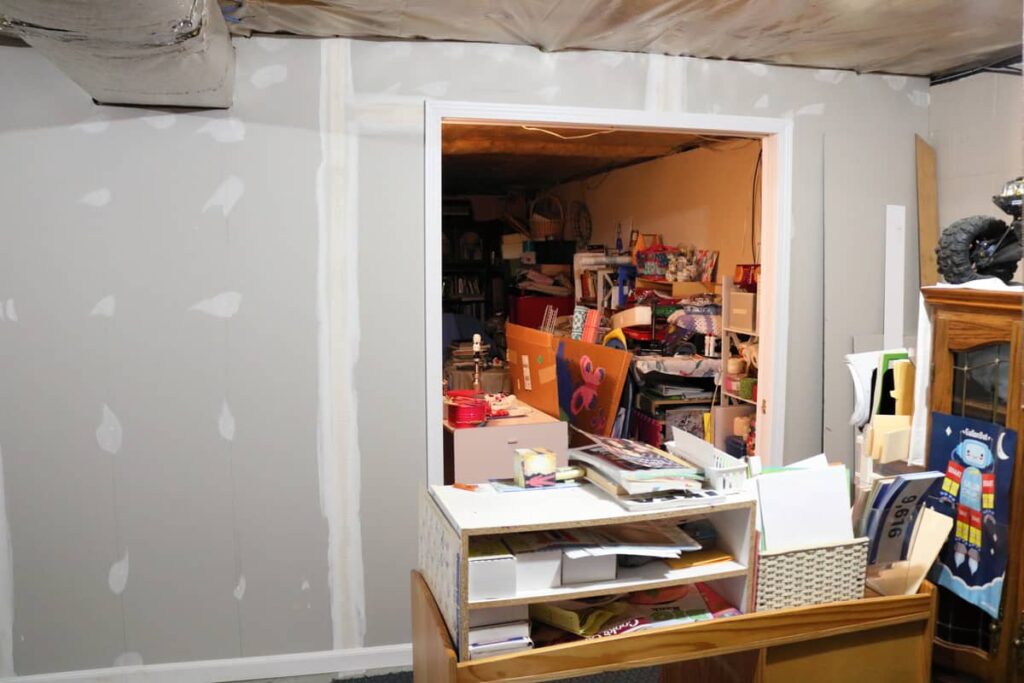 Pocket Doors in Basement Wall https://www.b4andafters.com new basement wall drywall