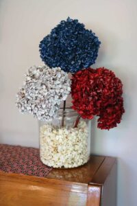 dried hydrangeas painted red, white, and blue