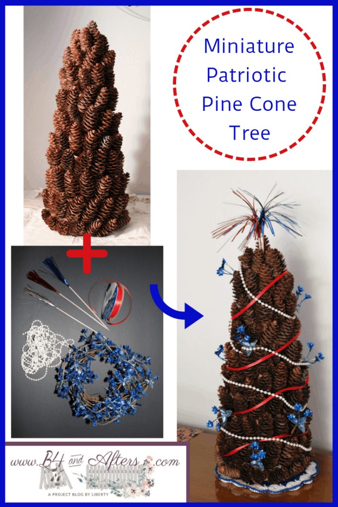 pinterest graphic showing supplies, plain pine cone tree, and finished pine cone tree