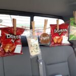 snacks on a string in a car for traveling