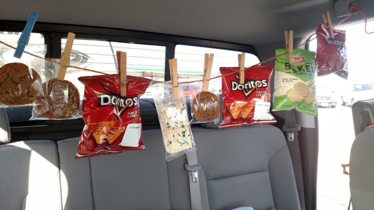snacks on a string in a car for traveling