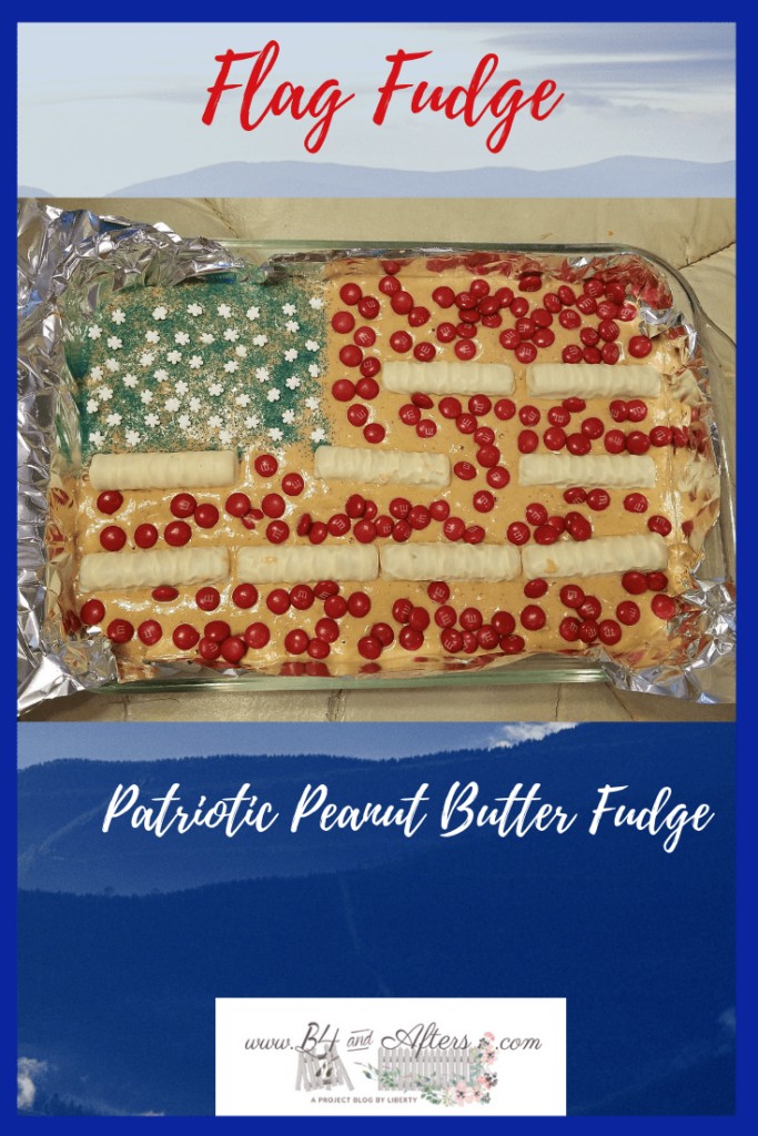 peanut butter fudge with red M+Ms, white candy bars for stripes, and a blue and white star background so that it all all looks like a flag