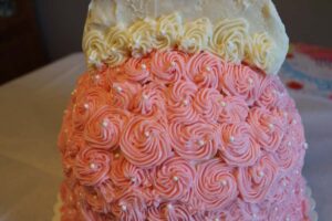 closeup of edible glitter on pink and white cake