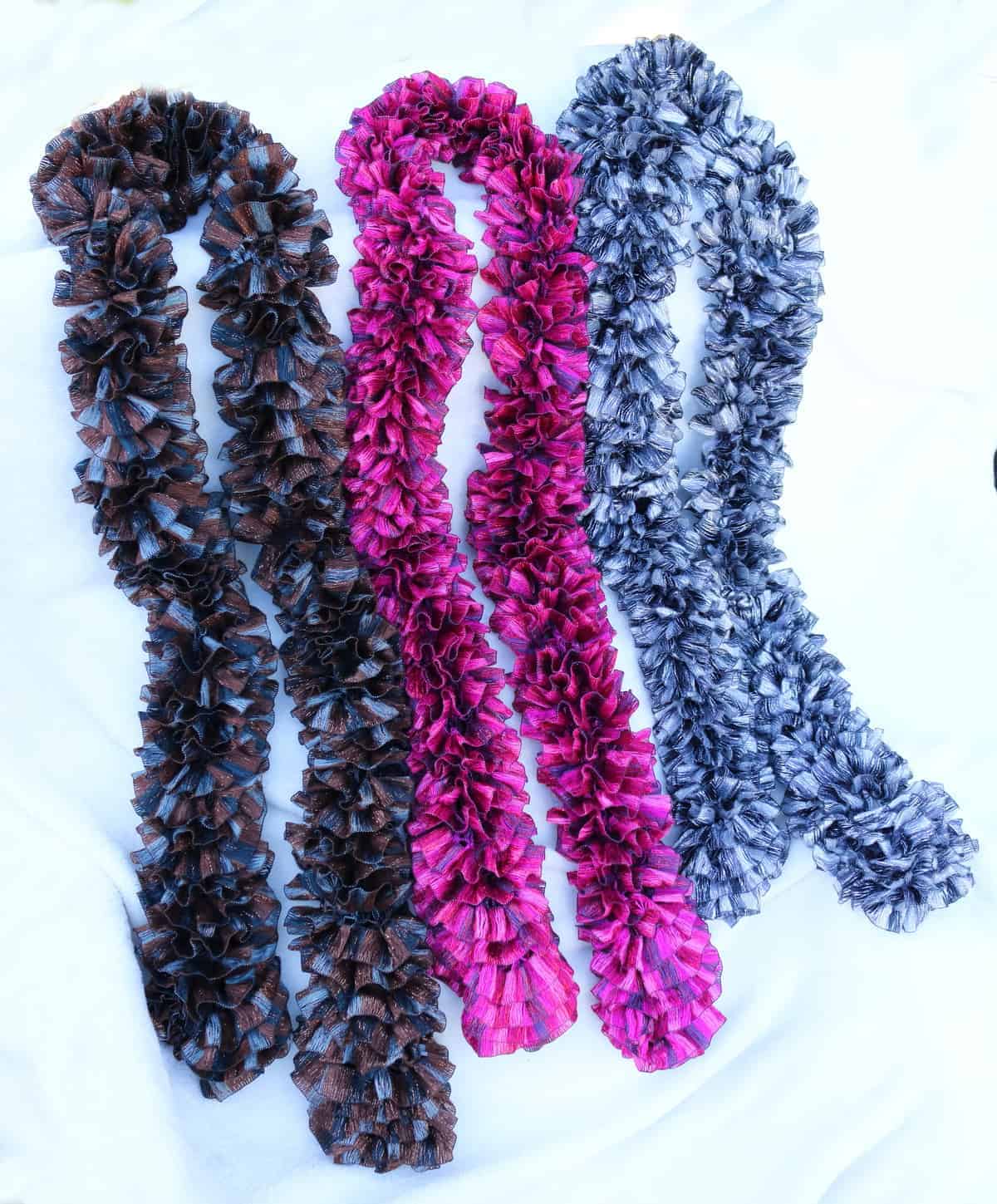 3 scarves- brown, pink, and gray with silver