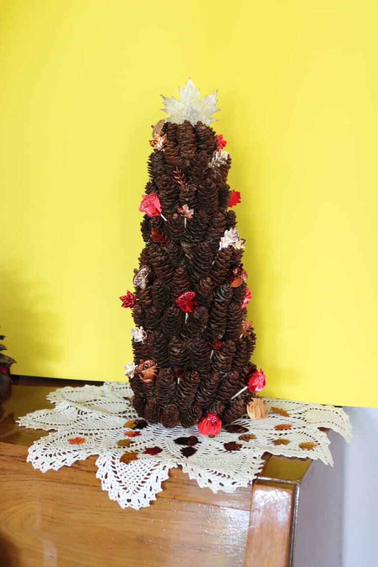 pine cone tree decorated with leaves