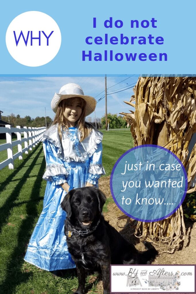 girl in light blue colonial costume with black dog sitting in front of her
