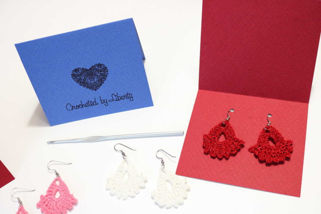 red earrings on a gift card tag https://www.b4andafters.com/easy-crocheted-earrings/