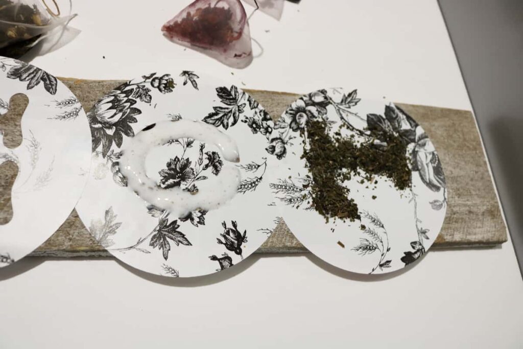 tea leaves on glue with stencils