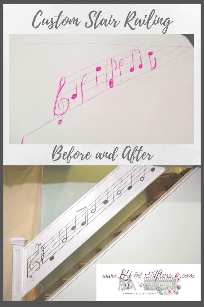 Pinterest graphic for custom stair railing before and after https://www.b4andafters.com/music-stair-railing
