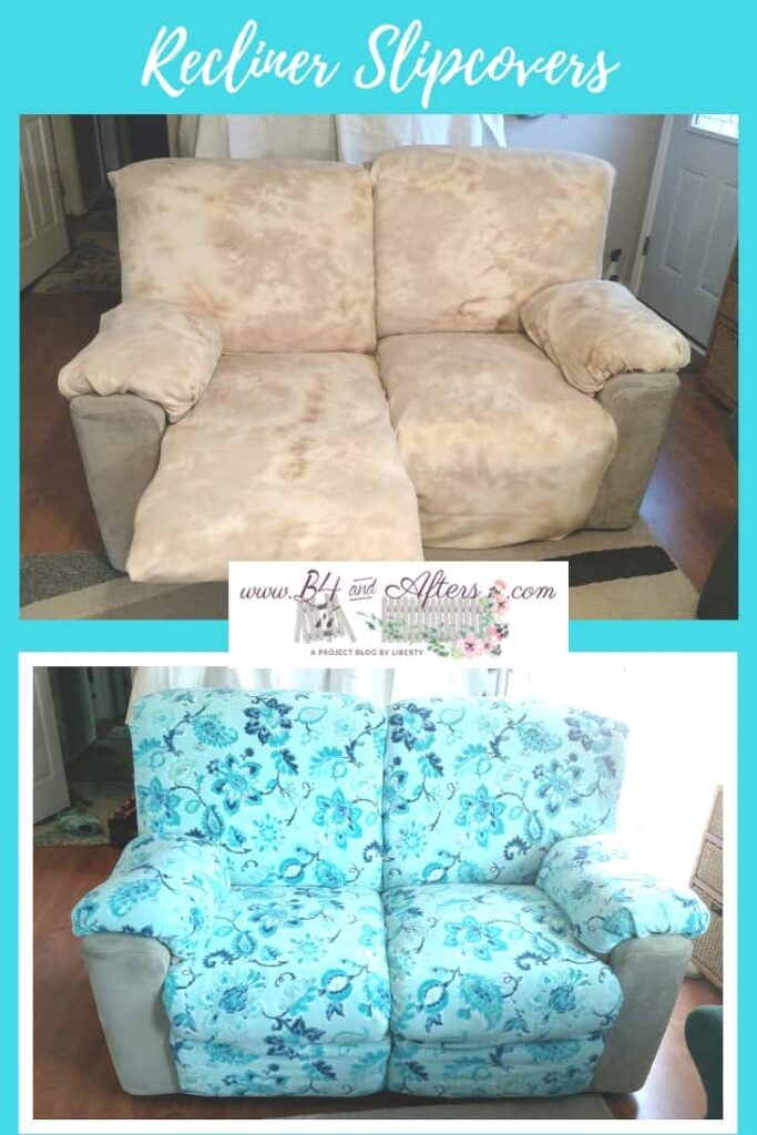 pinterest graphic for recliner slipcovers showing before and after